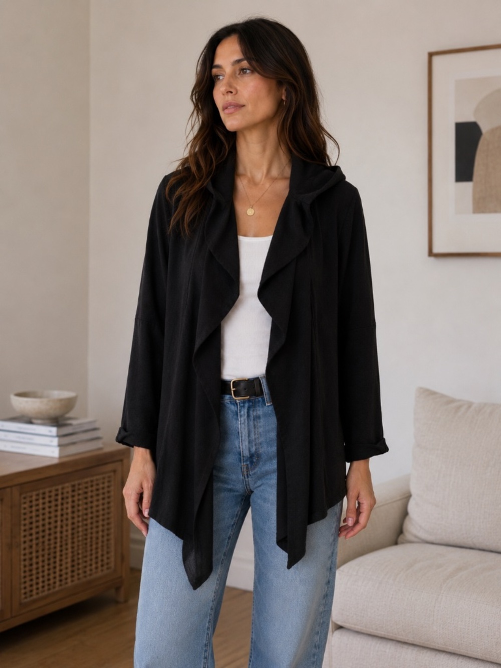 Eileen Fisher Black Organic Cotton Hooded Cardigan Open Front M